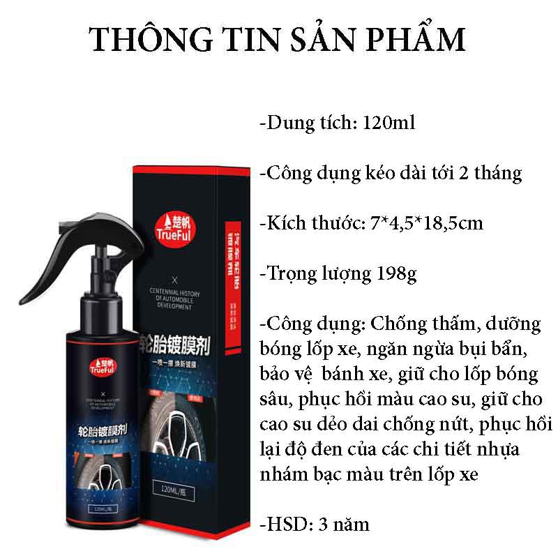 [Mã LIFEAUMAY giảm 10% tối đa 30k đơn 150k] Nano Xịt Tẩy Rửa Lốp Xe TrueFul, Dưỡng Bóng Lốp Xe Ô Tô – Dung Tích 120ml