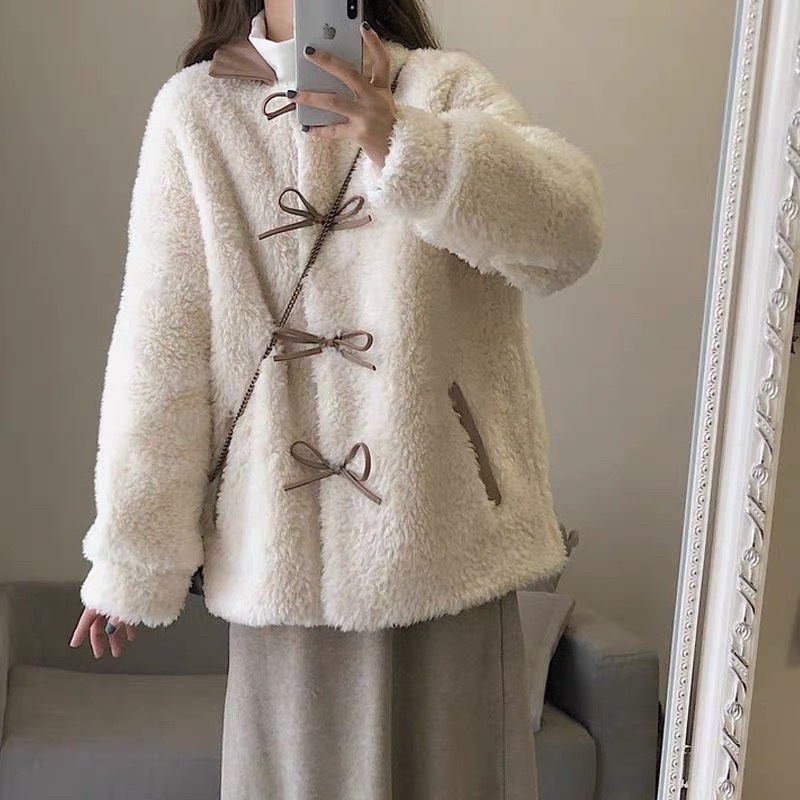 Áo khoác lông cổ bẻ nơ xinh yêu