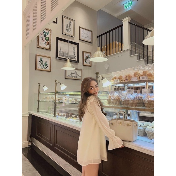 Váy voan Tơ Tay Xoè Tiểu thư 2lớp màu be