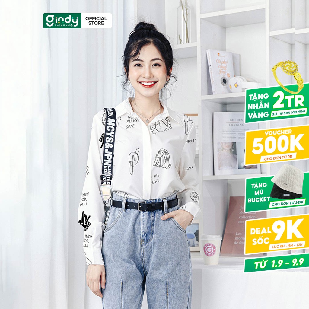 Áo sơ mi nữ họa tiết cổ bẻ dài tay vải kate GINDY dáng suông form rộng kiểu Hàn Quốc thời trang xuân hè A6139