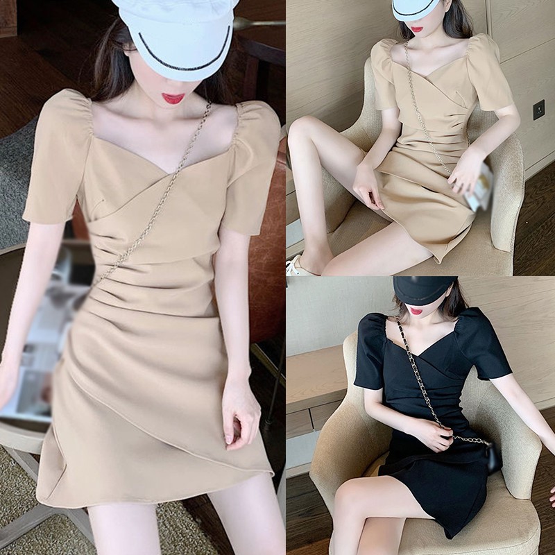 Đầm tay phồng cổ vuông màu trơn thời trang quyến cho nữ