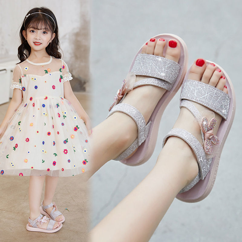 Nữ Giày Sandal Mùa Hè Mới Giày Trẻ Em Mạng Con Đỏ Đính Hạt Cườm Nơ Giày Công Chúa Cho Bé Gái Trung Và Con Lớn