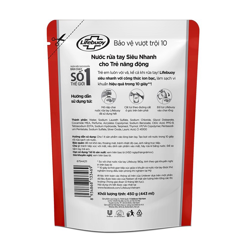 Nước rửa tay Lifebuoy Bảo vệ vượt trội 10 (Đỏ) Túi 450g