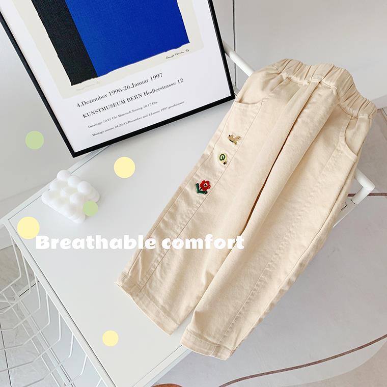 Quần Dài Mỏng Dáng Rộng Thoáng Khí Thêu Hình Củ Cà Rốt Nhỏ Thời Trang Xuân Thu Cho Bé Gái