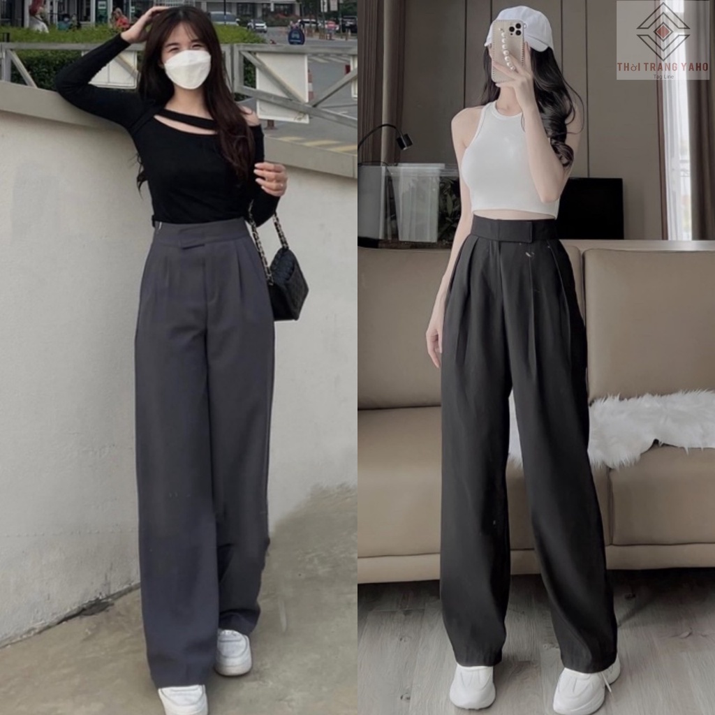 Quần tây ống rộng nữ ulzzang lưng cao dáng đứng suông dài cạp Dán màu đen mềm Quần vải ống rộng xuông nữ đi học công sở