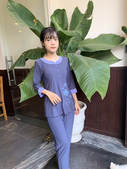 Đồ lam di chùa nữ vải thun co dãn cổ tròn phối tay lỡ,  Đồ lam đi chùa, Đồ-lam