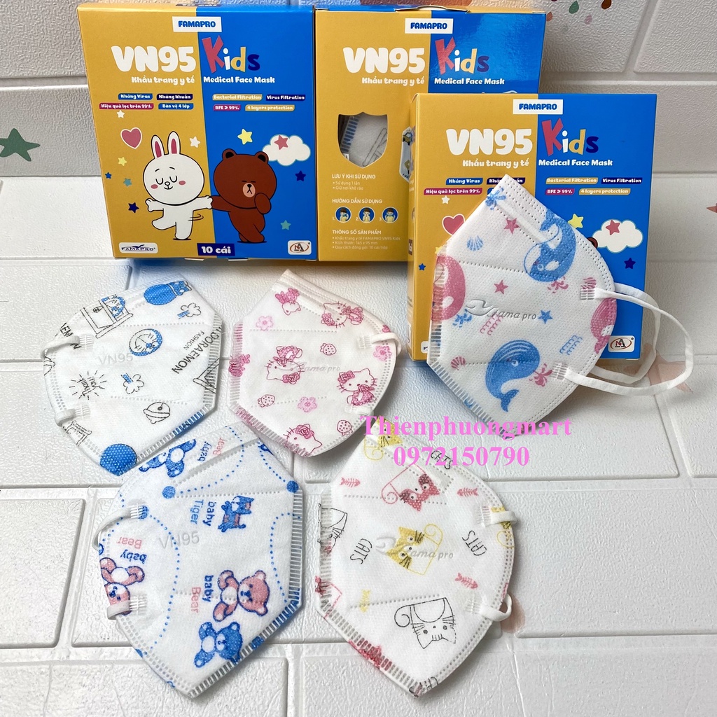 Khẩu trang FAMAPRO VN95 KIDS trẻ em in hình 4 lớp kháng khuẩn 10 cái / hộp