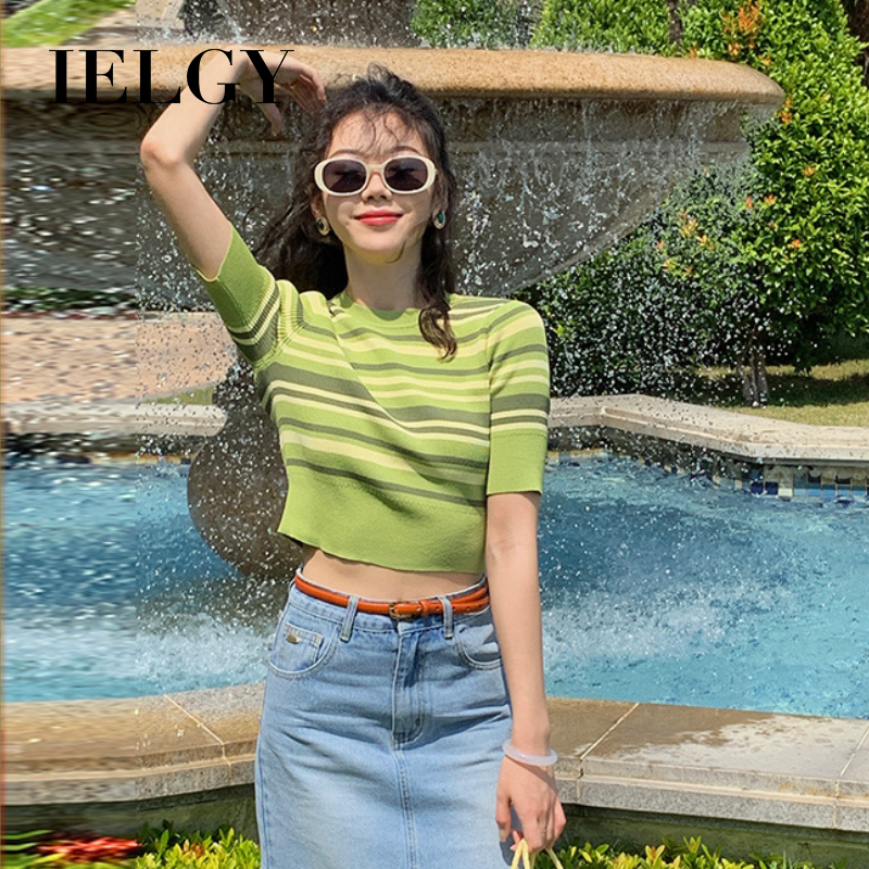 Áo dệt kim IELGY tay ngắn kẻ sọc phong cách trẻ trung cho nữ