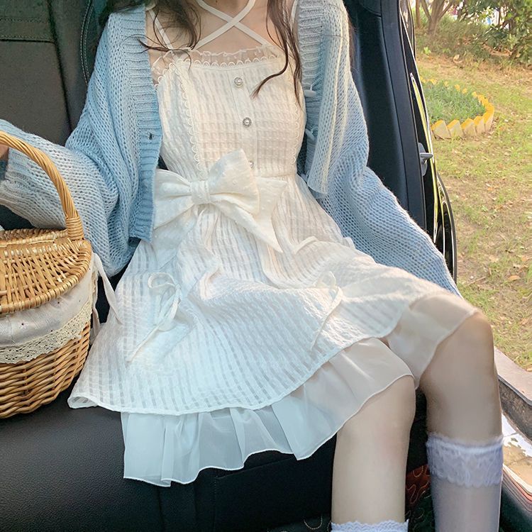 Bộ Đầm Công Chúa Phối Áo sweater Đính Nơ Kiểu Hàn Quốc Thời Trang Xuân Thu Cho Bé Gái