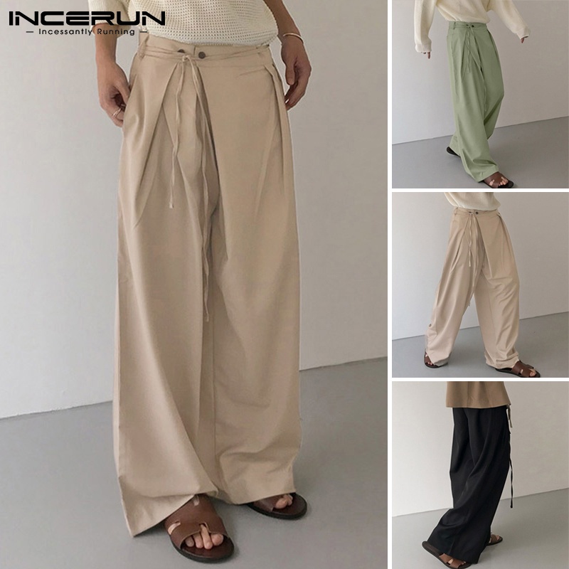 Quần dài INCERUN ống rộng xếp ly rút dây màu trơn thời trang đi chơi cho nam