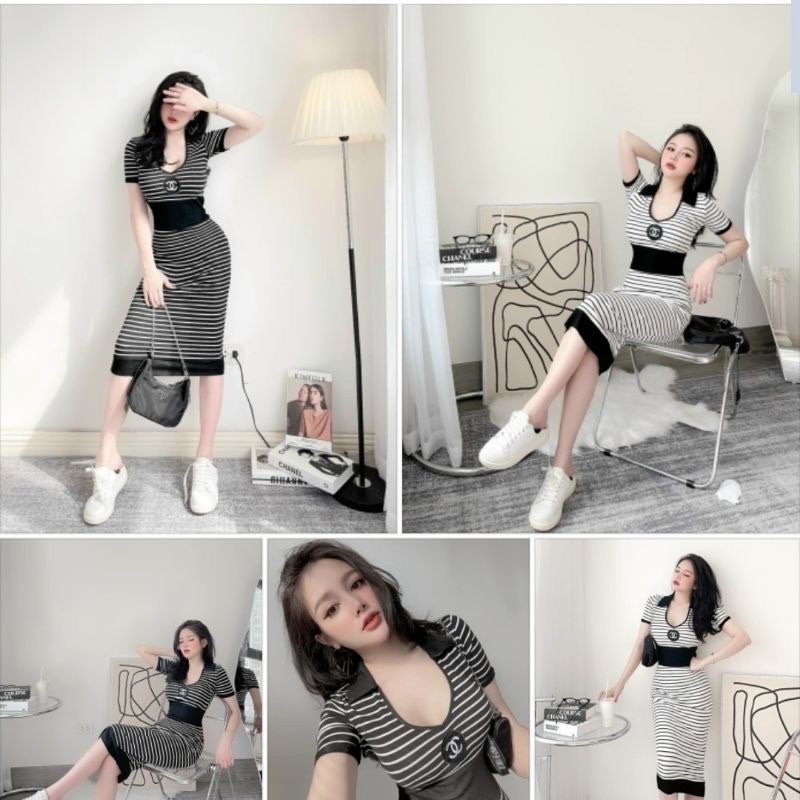 Đầm Maxi ôm body có tay sọc gân thun tôn dáng
