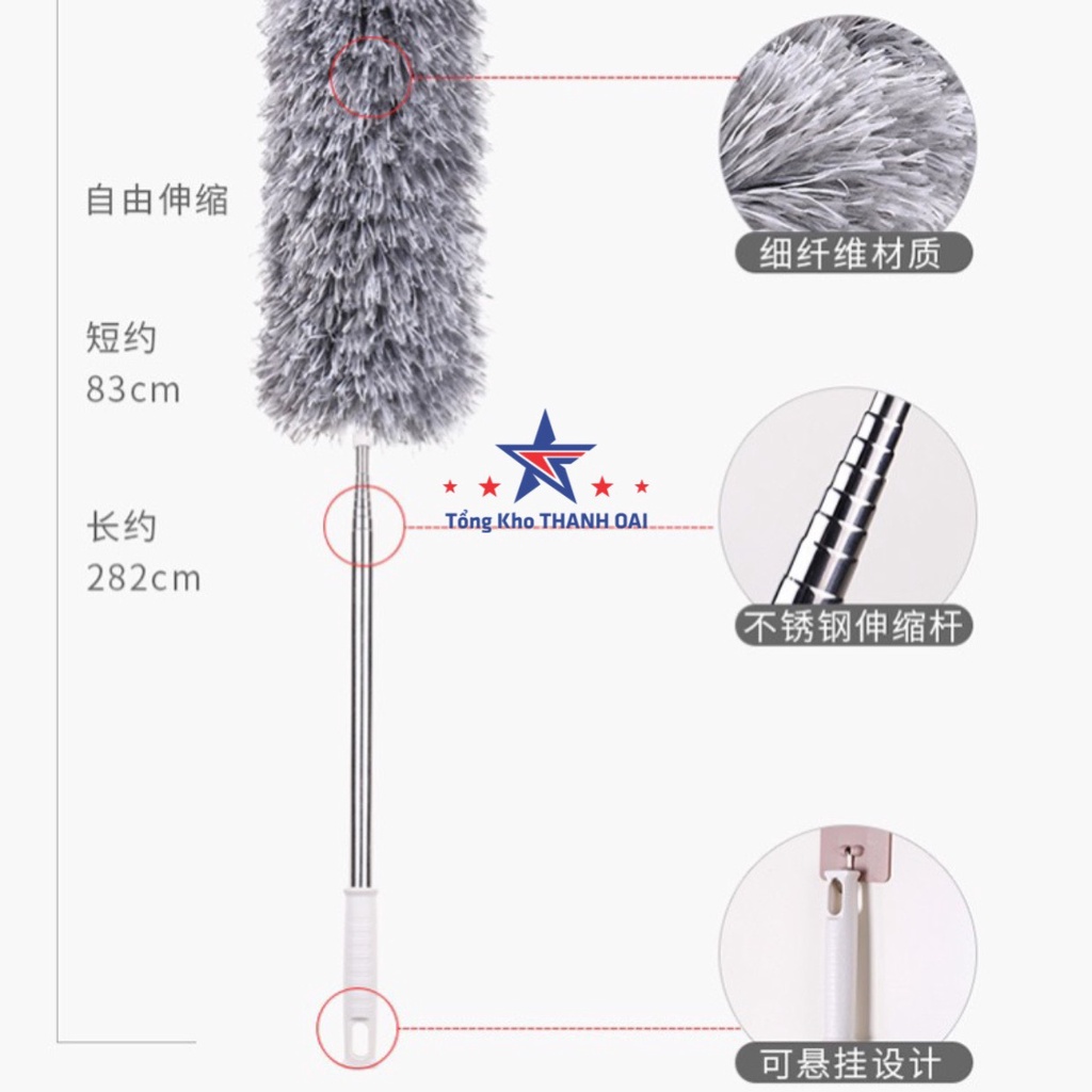 Chổi quét trần nhà quét bụi mạng nhện tiện lợi dài 2m8 Quét Trần Lau Bụi có cán điều chỉnh độ dài và xoay 360 độ dài