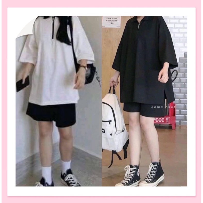 Set đồ nữ áo có cổ dáng suông quần đùi, set nữ áo xẻ tà 2 màu đen trắng siêu cute