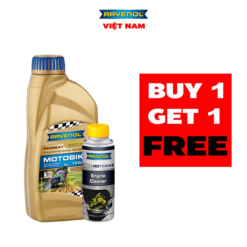 Combo Nhớt xe đua Tổng hợp toàn phần RAVENOL Racing 4-T Motobike 10W40  + súc động cơ Engine Cleaner Shot