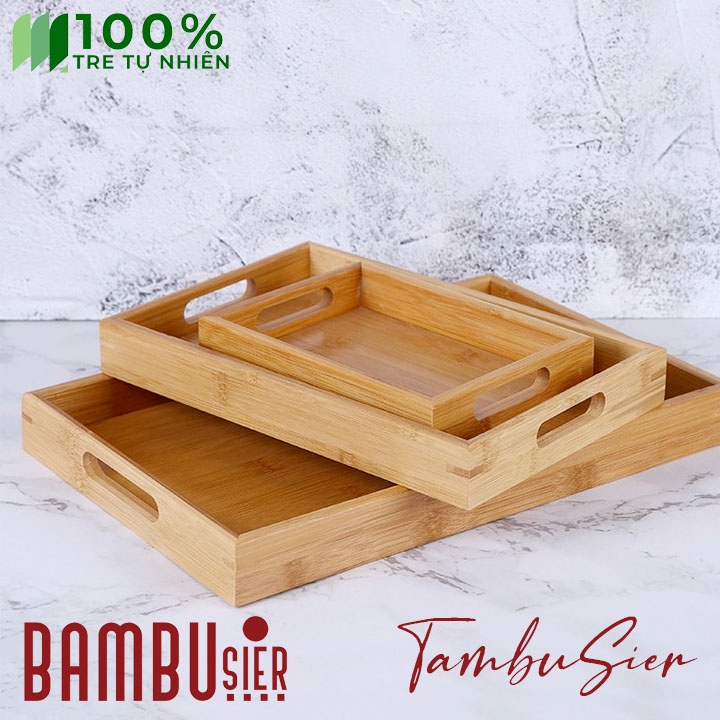 [BAMBOO] Khay tre đựng đồ đa năng - khay gỗ tre phục vụ hình chữ nhật có tay cầm [LOUISANCE]