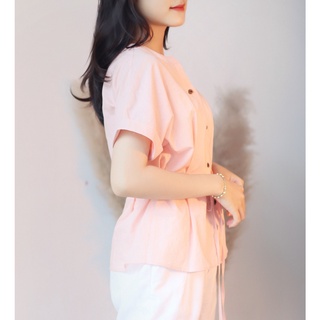 Áo kiểu rút eo KACHISA màu hồng pastel