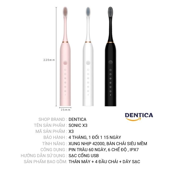 Bàn Chải Điện Sonic X3 Pro DENTICA Bàn Chải Đánh Răng Điện Tử Bản Pro Nâng Cấp Đặc Biệt Tặng Kèm 4 Đầu