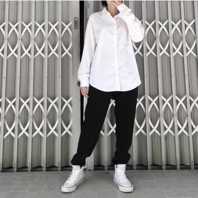 Áo sơ mi tay dài trơn đen trắng basic unisex có size | WebRaoVat - webraovat.net.vn