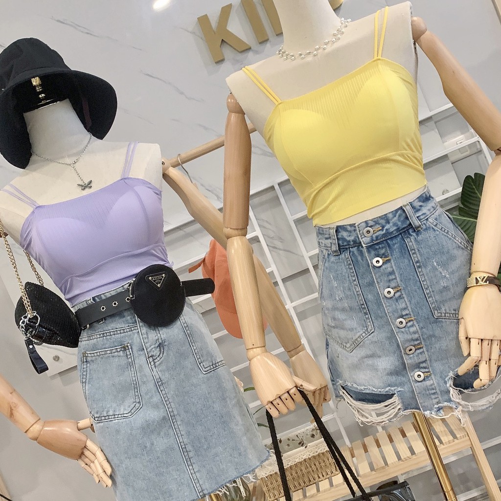 Áo croptop 2 dây Quảng Châu [VIDEO+ẢNHTHẬT] áo nữ Taobao có đệm mút ngực mix chân váy, quần cạp cao siêu chất A149 | BigBuy360 - bigbuy360.vn