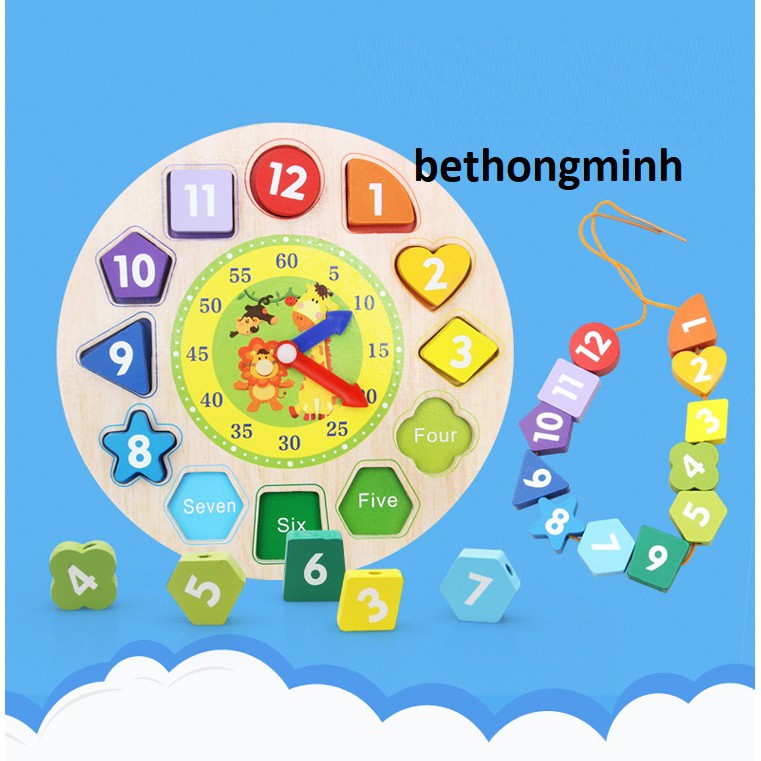 Đồ chơi đồng hồ gỗ kèm xâu hạt cho bé