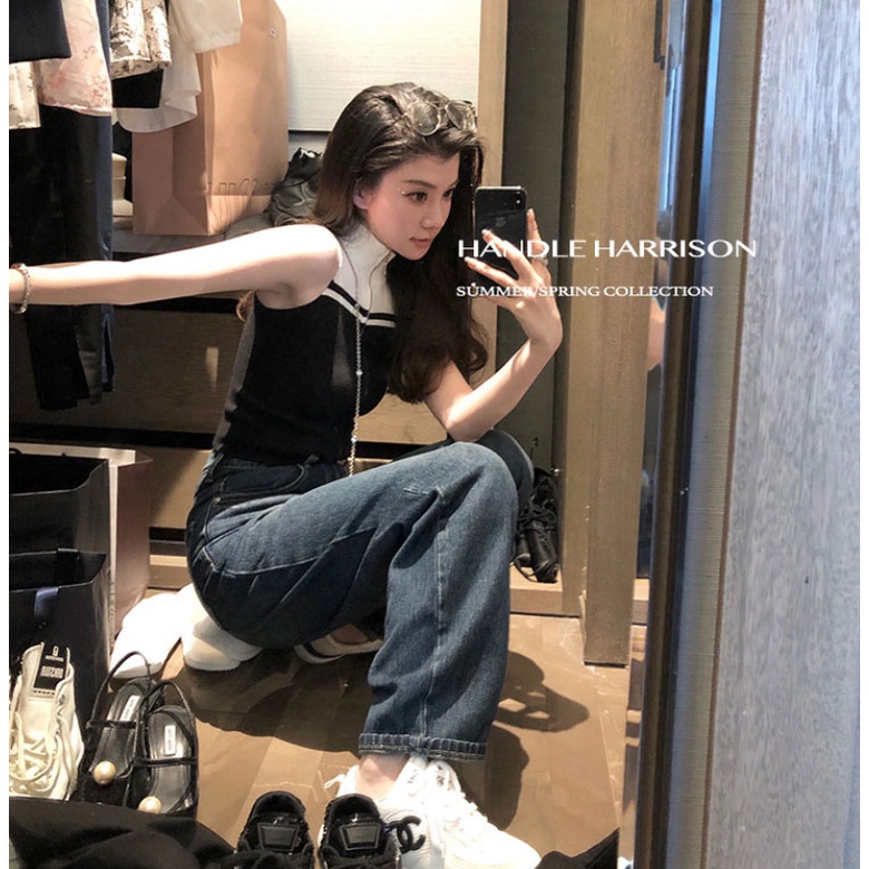 Áo Croptop Dệt Kim Sát Nách Phối Khóa Kéo Màu Sắc Thời Trang Mùa Hè Cho Nữ