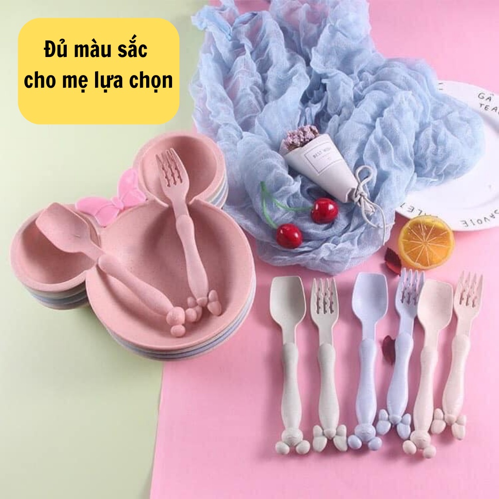 Khay ăn dặm cho bé kèm thìa dĩa chất liệu lúa mạch hình Micky dễ thương, Khay ăn dặm nhựa lúa mạch cho bé có chia 3 ngăn