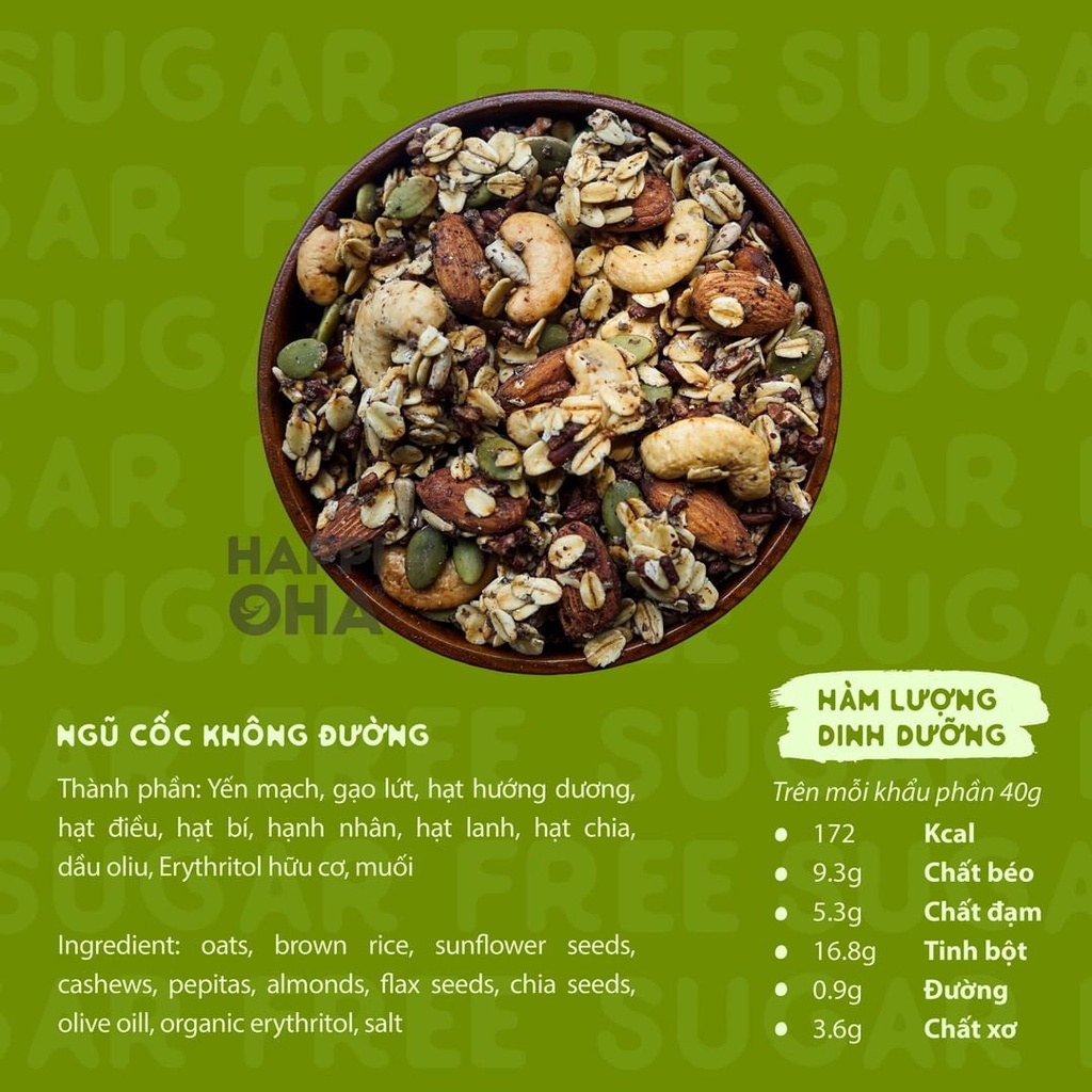 Granola Sugar Free HAPPIOHA - Ngũ Cốc Ăn Sáng/Ngũ Cốc Ăn Kiêng Không Đường  Vị 8 Loại Hạt Trái 40g