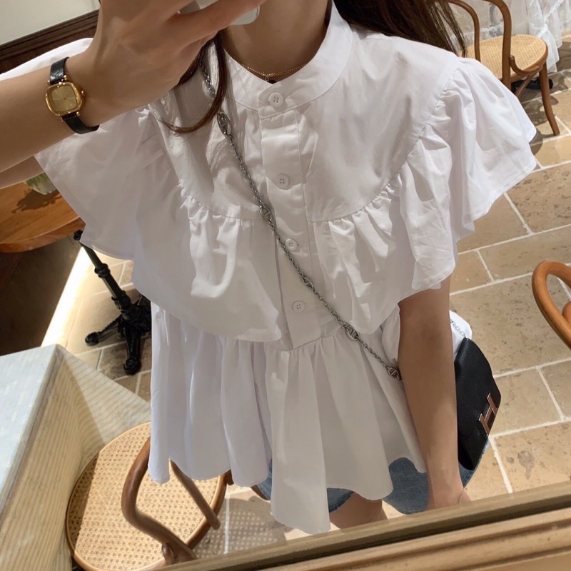 Áo Sơ Mi Bèo Vai Cổ Tàu Sát Nách Ulzzang, Áo Tiểu Thư Màu Trắng Cực Xinh Chan House