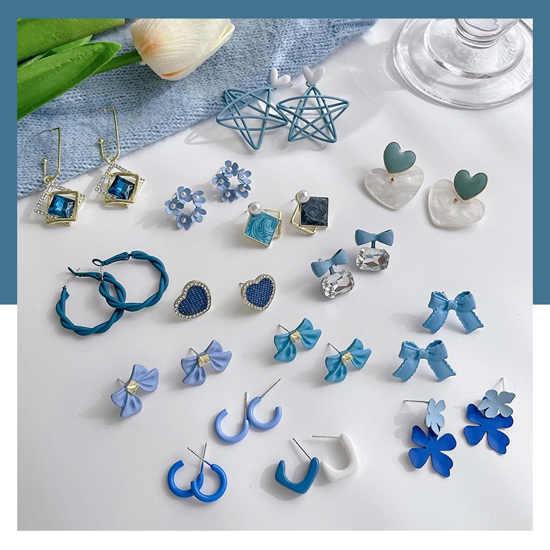 Khuyên Tai Nhỏ Màu Xanh Dương Thời Trang Mùa Hè Phong Cách Hàn Quốc Cho Nữ