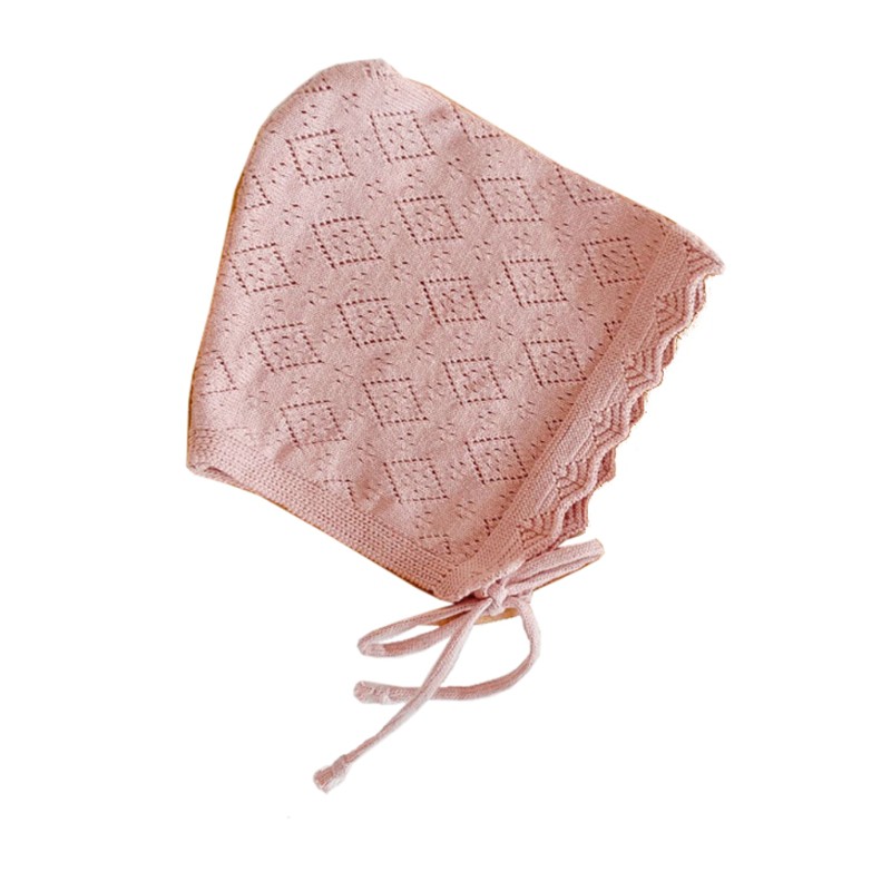 Mũ trùm đầu đan màu trơn phối ren hoa cho trẻ sơ sinh 0-24 tháng tuổi