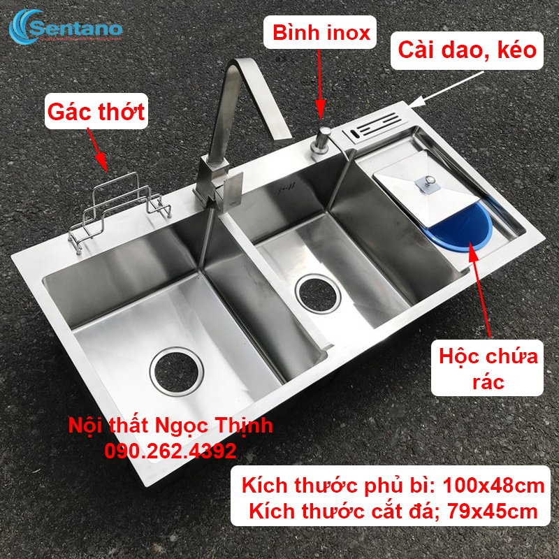 Chậu rửa bồn rửa chén 2 ngăn 100x48CM inox sus304  thiết kế bàn chờ gác dao thớt đa năng