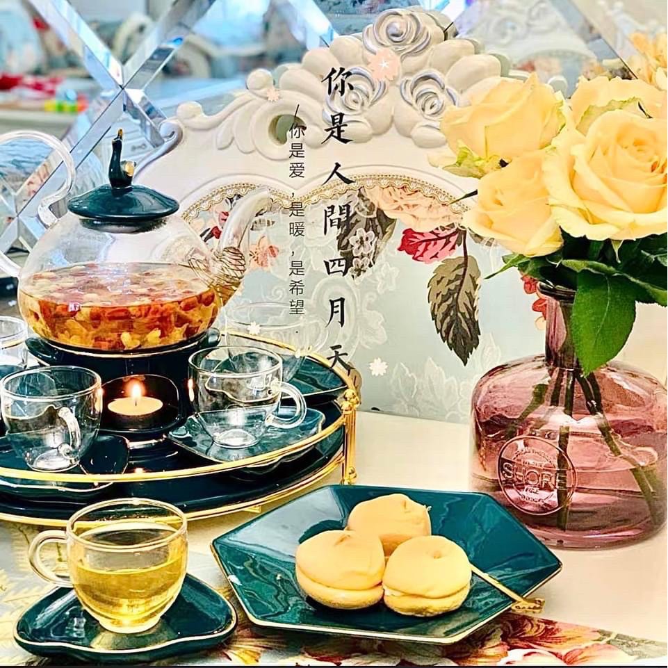 [ẢNH THẬT] Bộ ấm trà có đế đun hình con công xanh, khay sứ tròn, cốc thủy tinh cách điệu 7.98