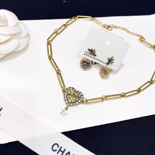 Set choker và khuyên tai bông tai jadior tim ong