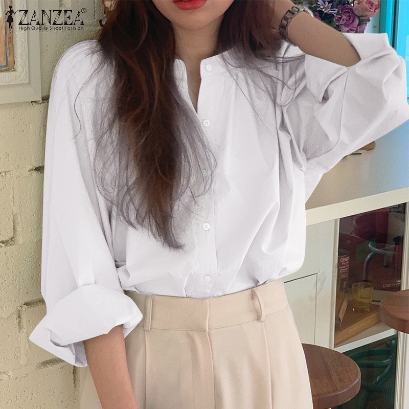 Áo kiểu ZANZEA cổ tròn dáng rộng màu trơn có nút cài thời trang thường ngày cho nữ