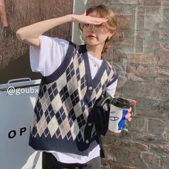 Áo khoác cardigan cổ chữ V đính đá họa tiết sọc caro mới xuân thu 2021