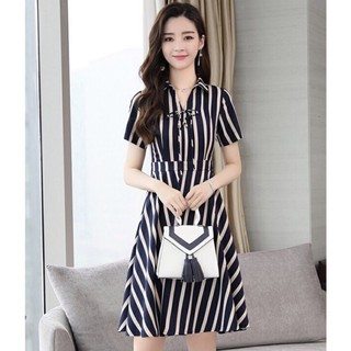 Đầm công sở sọc cổ sơ mi thắt dây nơ