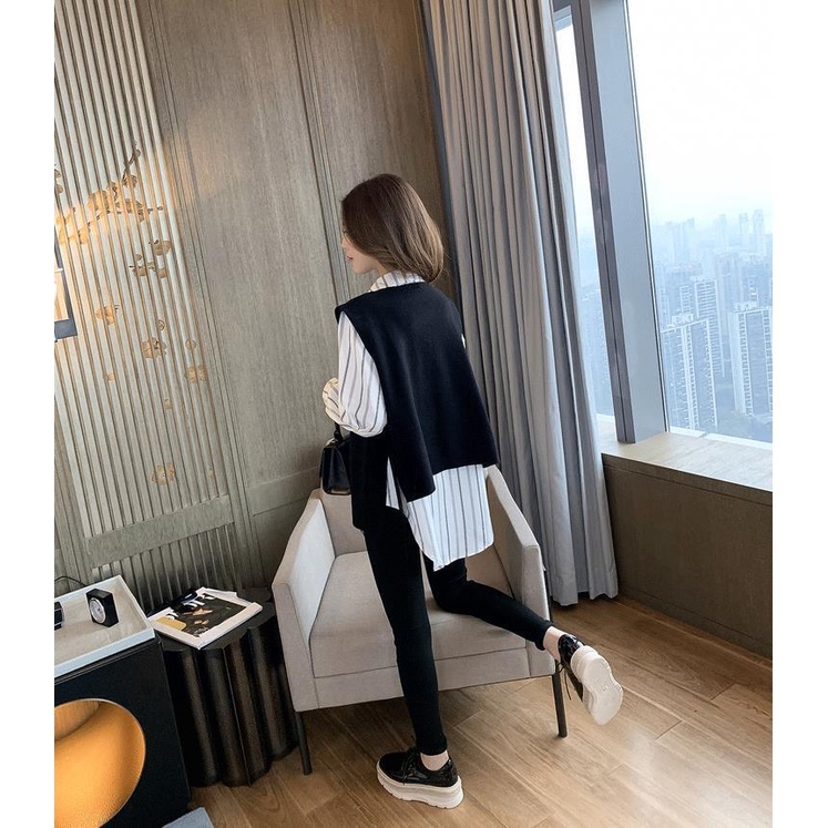 Set áo sơ mi + áo gile len không tay màu đen thời trang cổ điển cho nữ (có bán lẻ)