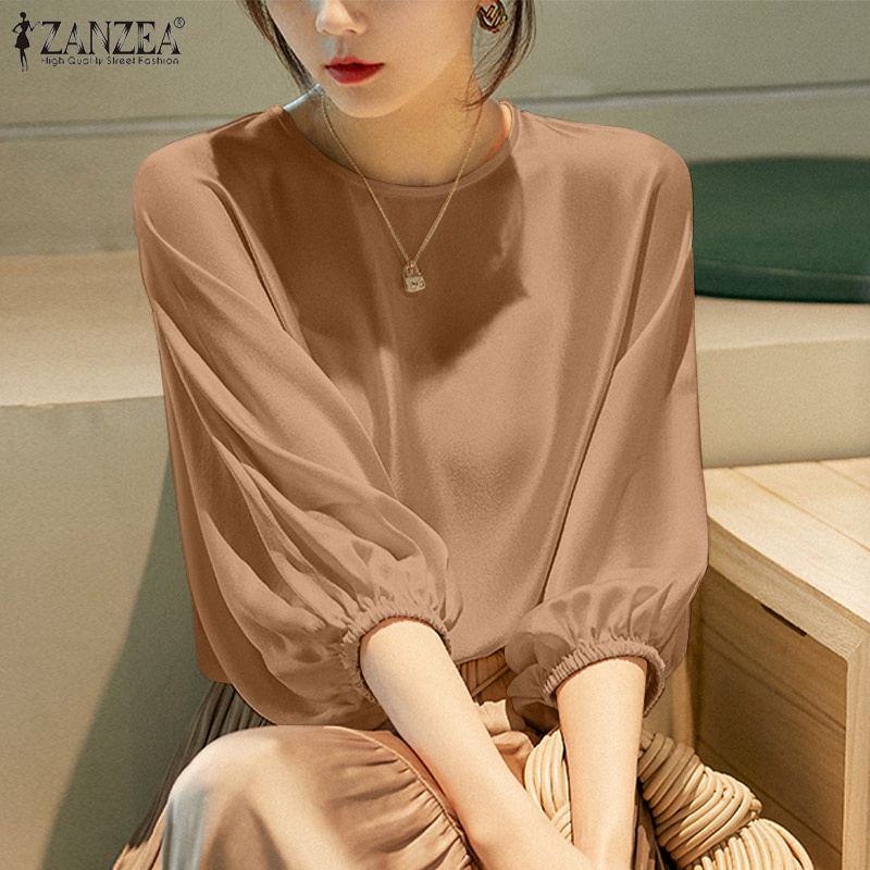 Zanzea Áo Sơ Mi Tay Lửng Vải Satin Màu Trơn Thời Trang Công Sở