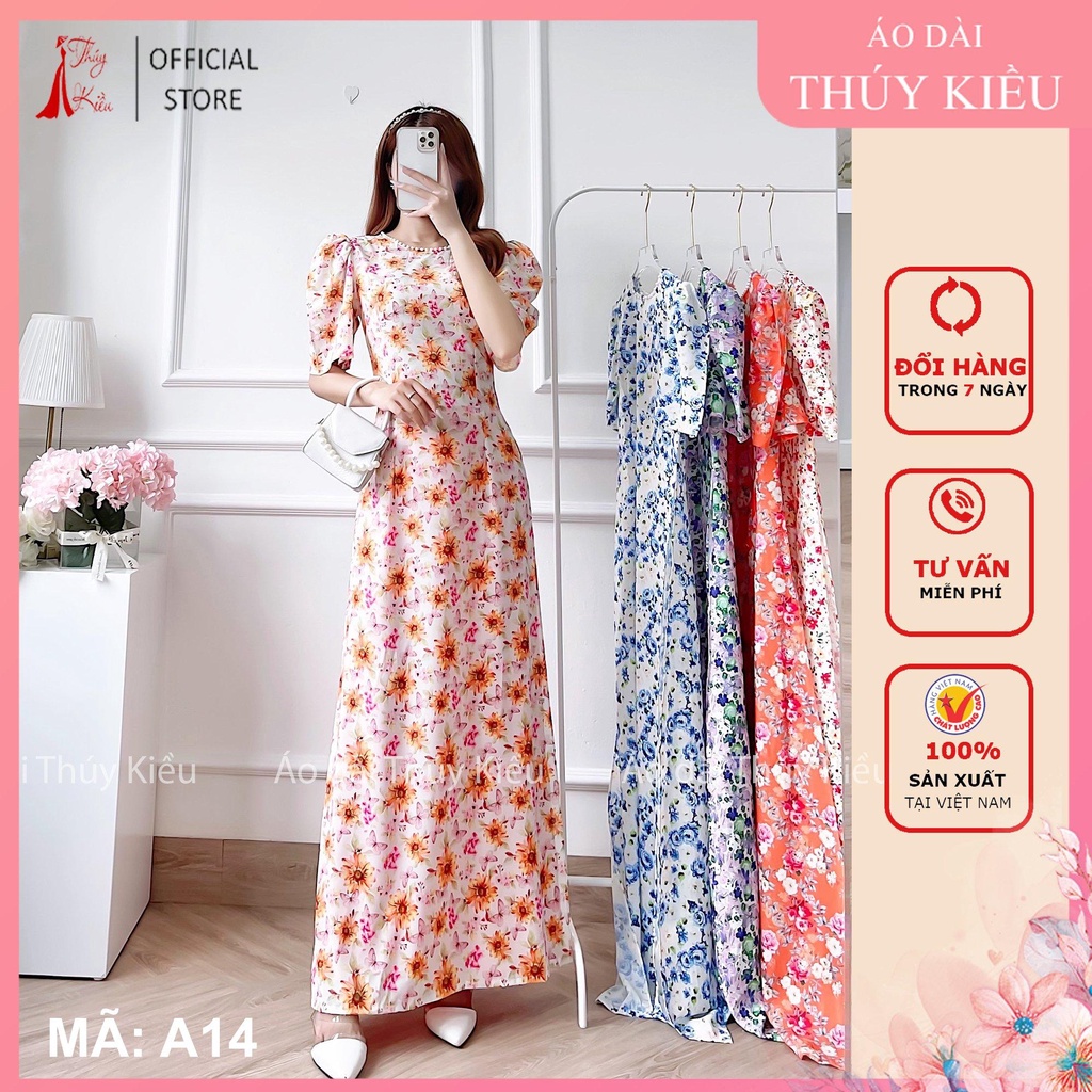 Áo dài nữ thiết kế trẻ trung A14 hoa nhí tay loe hoa bướm cổ đính ngọc đi dạy lễ tết cưới đẹp