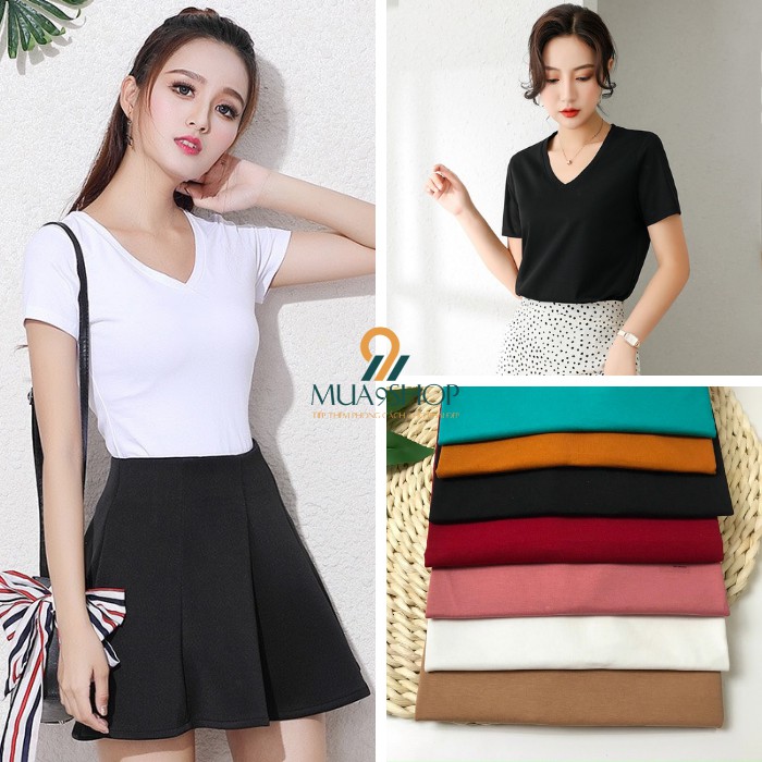 Áo phông cổ tim áo thun nữ trơn mua9shop co giãn cotton 100% | BigBuy360 - bigbuy360.vn