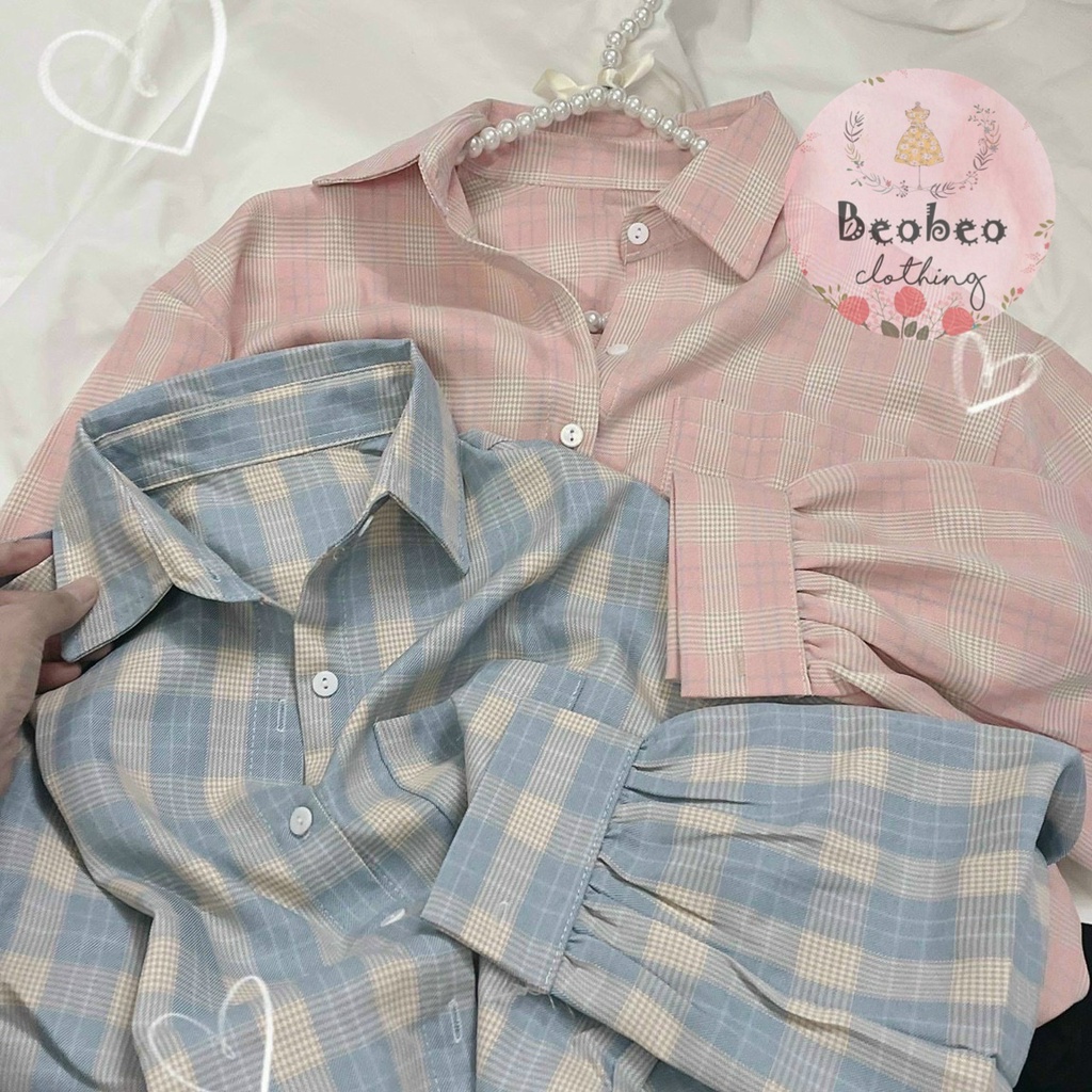Set áo sơ mi caro pastel tay phồng kèm quần legging ulzzang