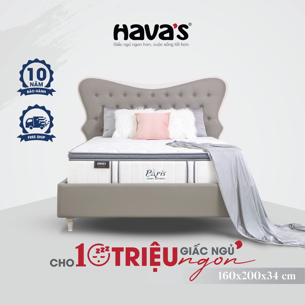 Nệm Havas Paris 1m6 và 1m8 lò xo túi nâng đỡ, mặt chần Box Top thẩm mỹ, thông thoáng, bảo hành 10 năm