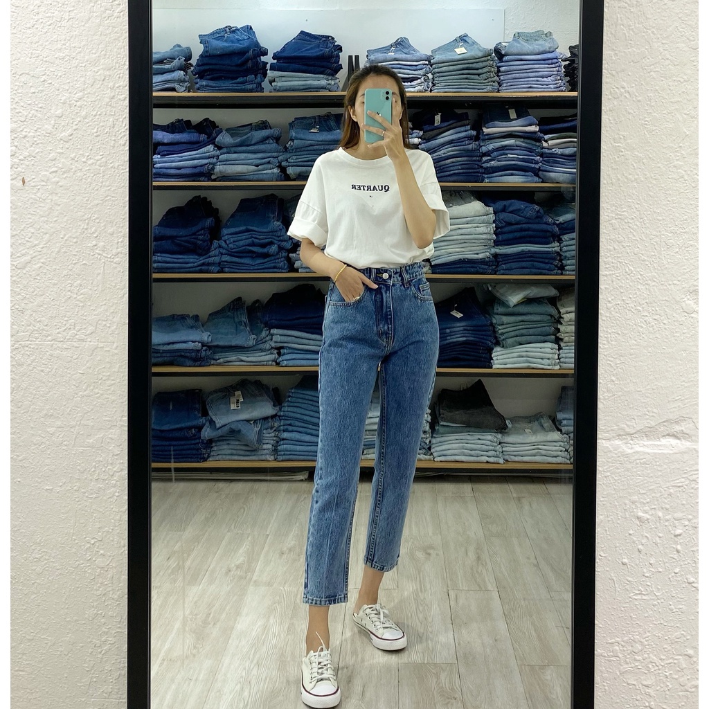 Quần Mom Jeans Nữ Lưng Cao Màu Xanh M-03E