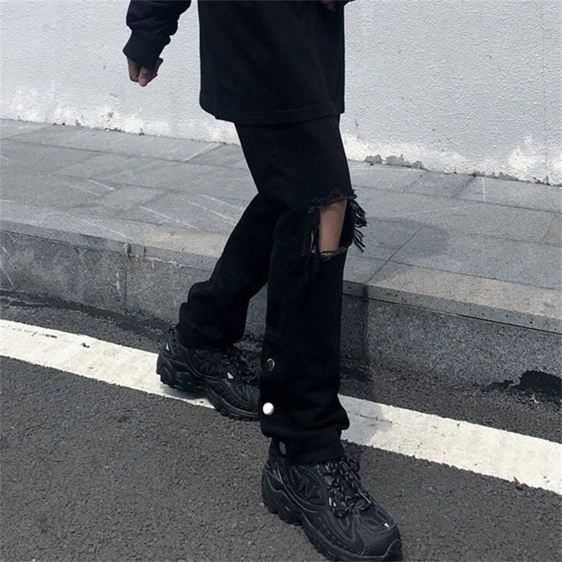 Quần jean button 3 cúc rách gối nam nữ phong cách unisex cargo pant