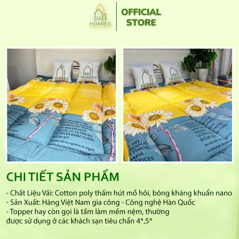 Nệm Topper Cúc Vàng HOMIES Tấm làm mềm đệm cotton Đũi Hàn quốc mới nhất 2020 - Có Chun 4 Góc Cố Định Đệm