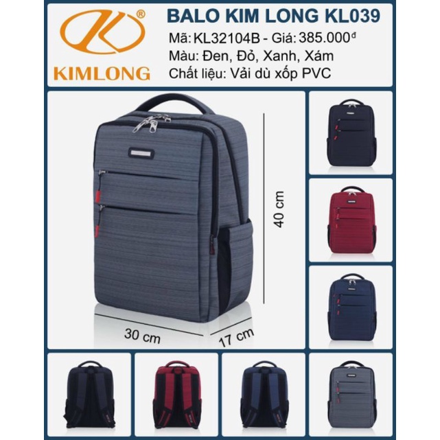 BALO  HỌC SINH CẤP 2 CẤP 3 SIÊU BỀN CHÍNH HÃNG KIM LONG KL 039 MÀU  ĐEN..