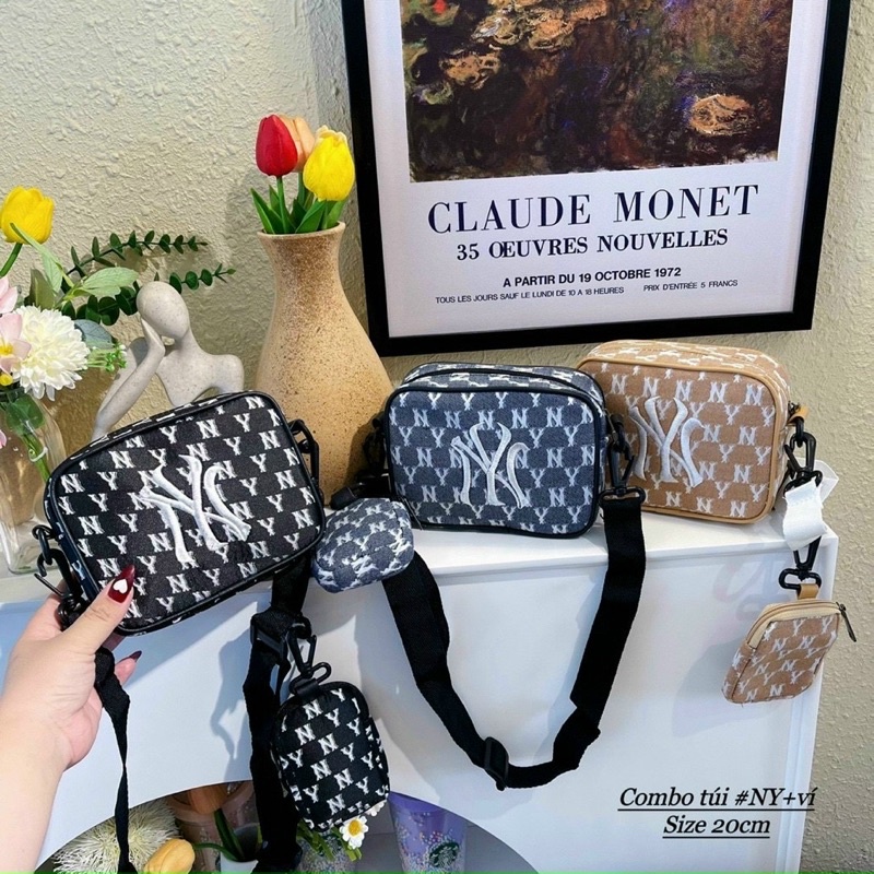Set 2 Túi Thêu NY Dáng Unisex, Túi Đeo Chéo Nam Nữ Kèm Ví Nhỏ