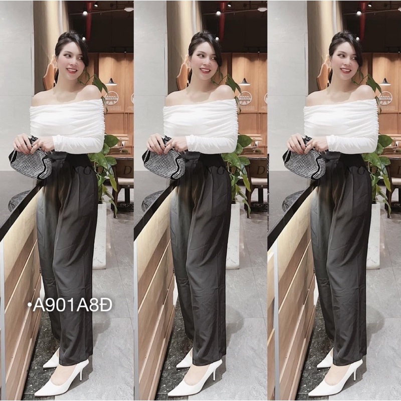 Áo thun bẹt trễ vai tay dài nhúng siêu sang chảnh minie