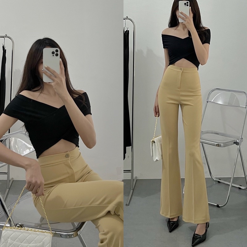 Quần ống loe nữ 1 cúc cạp cao dáng dài siêu hách dáng tôn vòng 3