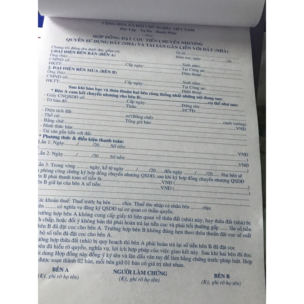 Sổ Đặt Cọc Nhà Đất 3 liên 50 bộ Hđ đặt cọc -Pháp Lý Rõ Ràng-Đầy Đủ-Chi Tiết